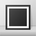 Vector 3d Realistic Modern Interior Black Blank Vertical Square Wooden Poster Picture Frame on Table, Shelf Closeup on Royalty Free Stock Photo