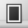 Vector 3d Realistic Modern Interior Black Blank Vertical A4 Wooden Poster Picture Frame on Table or Shelf Closeup on Royalty Free Stock Photo