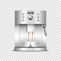 Vector 3d Realistic Modern Metal Chrome Steel Silver Espresso Coffee Machine with Two White Coffee Mugs Closeup Isolated