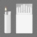 Vector 3d Realistic Opened Clear Blank Cigarette Pack Box with Cigarettes and Lighter with Flame Set Closeup Isolated on