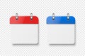 Vector 3d Realistic Paper Classic Simple Minimalistic Red and Blue Calendar Icon Set Closeup Isolated on White