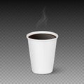 Vector 3d Realistic Paper White Disposable Cup Isolated with Hot Black Coffee. Steam, Smoke. Espresso, Americano, Mocha