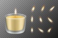 Vector 3d Realistic Paraffin Wax Burning Party, Spa Candle and Burning Flame Set Closeup Isolated. Candle, Candle Flame