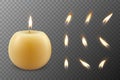 Vector 3d Realistic Paraffin Wax Burning Party, Spa Candle and Burning Flame Set Closeup Isolated. Candle, Candle Flame