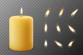 Vector 3d Realistic Paraffin Wax Burning Party, Spa Candle and Burning Flame Set Closeup Isolated. Candle, Candle Flame