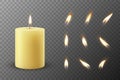 Vector 3d Realistic Paraffin Wax Burning Party, Spa Candle and Burning Flame Set Closeup Isolated. Candle, Candle Flame