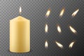 Vector 3d Realistic Paraffin Wax Burning Party, Spa Candle and Burning Flame Set Closeup Isolated. Candle, Candle