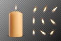 Vector 3d Realistic Paraffin Wax Burning Party, Spa Candle and Burning Flame Set Closeup Isolated. Candle, Candle Flame