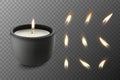 Vector 3d Realistic Paraffin Wax Burning Party, Spa Candle and Burning Flame Set Closeup Isolated. Candle, Candle Flame