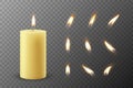 Vector 3d Realistic Paraffin Wax Burning Party, Spa Candle and Burning Flame Set Closeup Isolated. Candle, Candle Flame