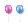 Vector 3d Realistic Pink, Blue Balloon with Ribbon Set Closeup Isolated. Design Template of Translucent Helium Baloons