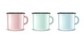 Vector 3d Realistic Pink, Green, Blue Enamel Metal Blank White Mug Set Isolated on White Background. Front View. Design