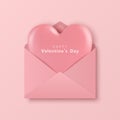 Vector 3d Realistic Pink Heart Shape in an Envelope Closeup Isolated on a Pink Background. Romantic Pink Glossy Heart