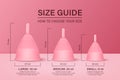 Vector 3d Realistic Pink Menstrual Hygiene Silicone Cups on Pink Background - Size Guide. Feminine Hygiene Infographics