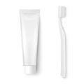 Vector 3d Realistic Plastic, Metal White Tooth Paste Tube and Tooth Brush Closeup Isolated on White Background. Design