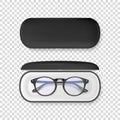 Vector 3d Realistic Plastic Round Black Rimmed Eye Glasses in Black Case Box Closeup Isolated on ransparent Background Royalty Free Stock Photo