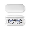 Vector 3d Realistic Plastic Round Black Rimmed Eye Glasses in White Case Box Set Closeup Isolated on White Background Royalty Free Stock Photo