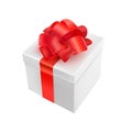 Vector 3d realistic present illustration. White box with red bow and ribbon. Isolated on background. Royalty Free Stock Photo