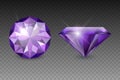 Vector 3d Realistic Purple Transparent Gemstone, Diamond, Crystal, Rhinestones Icon Set Closeup Isolated. Jewerly