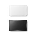 Vector 3d Realistic Rectangular White and Black Metal, Plastic Blank Empty Button Badge Icon Isolated. Button Pin Badge
