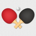 Vector 3d Realistic Red and Black Ping Pong Racket and Ball Icon Closeup Isolated on Transparent Background. Sport