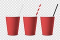 Vector 3d Realistic Red Disposable Opened Blank Paper, Plastic Coffee, Tea Cup for Drinks with Straw Icon Set Closeup Royalty Free Stock Photo