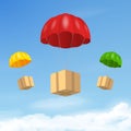 Vector 3d Realistic Red Flying Parachutes with Paper Cardboard Boxes on Blue Sky Background. Design Template for Royalty Free Stock Photo