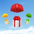 Vector 3d Realistic Red Flying Parachutes with Paper Gift Boxes on Blue Sky Background. Design Template for Delivery Royalty Free Stock Photo