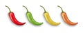 Vector 3d Realistic Red, Green, Yellow and Orange Whole Fresh and Hot Chili Pepper Closeup Isolated. Spicy Chili Hot or