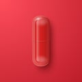 Vector 3d Realistic Red Pharmaceutical Medical Pill, Capsule, Tablet on Red Background. Front, Top View. Medicine