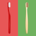 Vector 3d Realistic Red Plastic and Wooden Brown Bamboo Blank Toothbrush Se. Design Template, Mockup. Dentistry