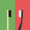 Vector 3d Realistic Red Plastic and Wooden Brown Bamboo Blank Toothbrush Se. Design Template, Mockup. Dentistry