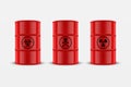 Vector 3d Realistic Red Simple Glossy Enamel Metal Oil, Fuel, Gasoline Barrels. Biohazard, Danger, Radiation Sign