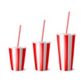 Vector 3d Realistic Red Striped Paper Disposable Cup Set, Lid, Straw. Beverage, Drinks, Coffee, Soda, Tea, Cocktail Royalty Free Stock Photo