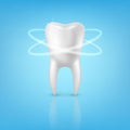 Vector 3d Realistic Render Human Tooth with Glow Closeup on Blue Background. Dental, Medicine and Health