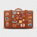 Vector 3d Realistic Retro Leather Brown Threadbare Suitcase and Travel Stickers, Metal Corners and Belts Icon Closeup Royalty Free Stock Photo