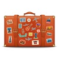 Vector 3d Realistic Retro Leather Brown Threadbare Suitcase With Travel Stickers, Metal Corners and Belts Icon Closeup