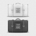 Vector 3d Realistic Retro Leather White and Black Threadbare Suitcase With Belts Icon Set Closeup Isolated on