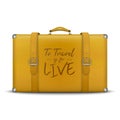 Vector 3d Realistic Retro Leather Yellow Threadbare Suitcase and Travel Stickers, Metal Corners, Belts Closeup Isolated