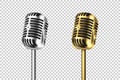 Vector 3d Realistic Retro Steel Metal Silver and Gold Concert Vocal Microphone Set Closeup Isolated on Transparent Royalty Free Stock Photo