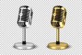 Vector 3d Realistic Retro Steel Metal Silver and Golden Concert Vocal Microphone with Stand Icon Set Closeup Isolated on