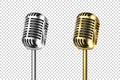 Vector 3d Realistic Retro Steel Silver and Gold Metal Concert Vocal Microphone Set Closeup Isolated on Transparent