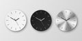 Vector 3d Realistic Round White, Black and Slver or Chrome Steel Wall Office Clock Icon Set Isolated. Design Template of Royalty Free Stock Photo