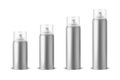 Vector 3d Realistic Silver Aluminum Blank Spray Can, Bottle, Transparent Lid Set Isolated. Small, Medium, Big Size