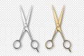 Vector 3d Realistic Silver and Gold Metal Opened Stationery Scissor Icon Set Closeup Isolated on Transparency Grid