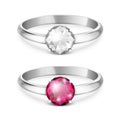 Vector 3d Realistic Silver Metal Wedding Ring with White and Pink Gemstone, Diamond Closeup Isolated. Design Template of Royalty Free Stock Photo