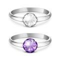 Vector 3d Realistic Silver Metal Wedding Ring with White and Purple Gemstone, Diamond Closeup Isolated. Design Template Royalty Free Stock Photo