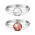 Vector 3d Realistic Silver Metal Wedding Ring with White and Red Gemstone, Diamond Closeup Isolated. Design Template of Royalty Free Stock Photo