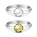 Vector 3d Realistic Silver Metal Wedding Ring with White and Yellow Gemstone, Diamond Closeup Isolated. Design Template Royalty Free Stock Photo