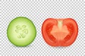 Vector 3d realistic slice juicy cucumber and tomato in a cut icon set closeup isolated on transparency grid background